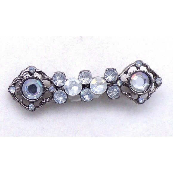 Aurora Borealis Clear Rhinestone Bar Brooch Pin Ornate Gunmetal Tone Vintage - Picture 10 of 12